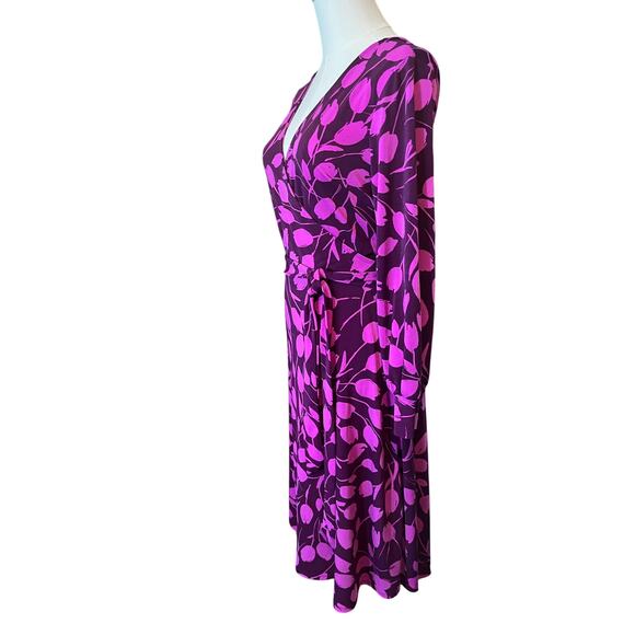 Attention Magenta Purple Leaf Print Faux Wrap Dress Long Sleeve Size 10 fuchsia - Picture 4 of 5